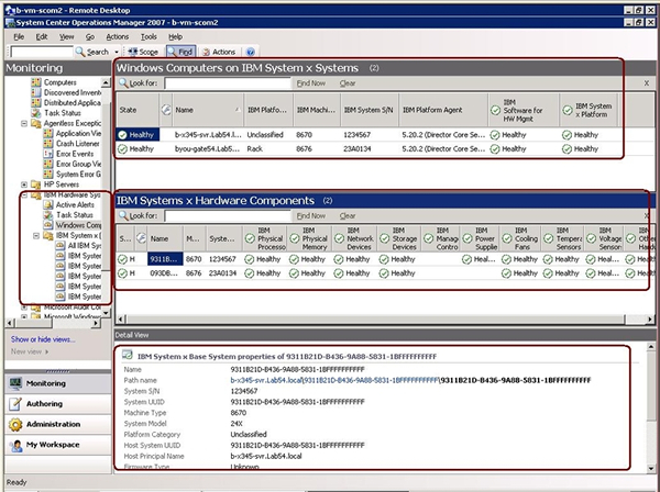 Graphic of the Operations Manager 2007 Console, showing some IBM Hardware Management Pack enhancements
