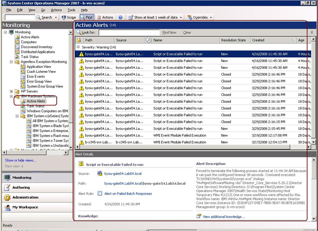 Example of active alerts in managed systems