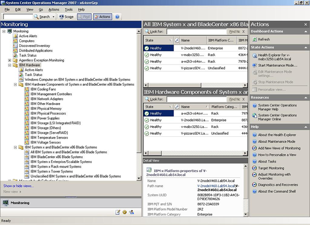 The Monitoring pane of the Operations Manager Console, showing the views of manageable components under the IBM Hardware Components of System x and BladeCenter x86 Blade Systems folder